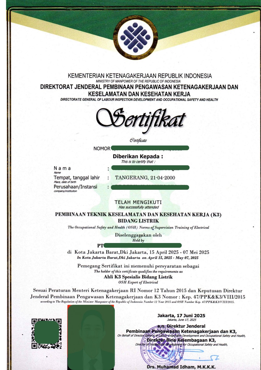Contoh Sertifikat K3 Kemnaker RI