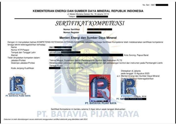 Contoh Sertifikat Kompetensi ESDM
