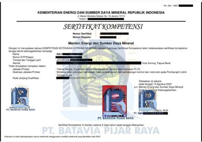 Contoh Sertifikat Kompetensi Tenaga Ketenagalistrikan